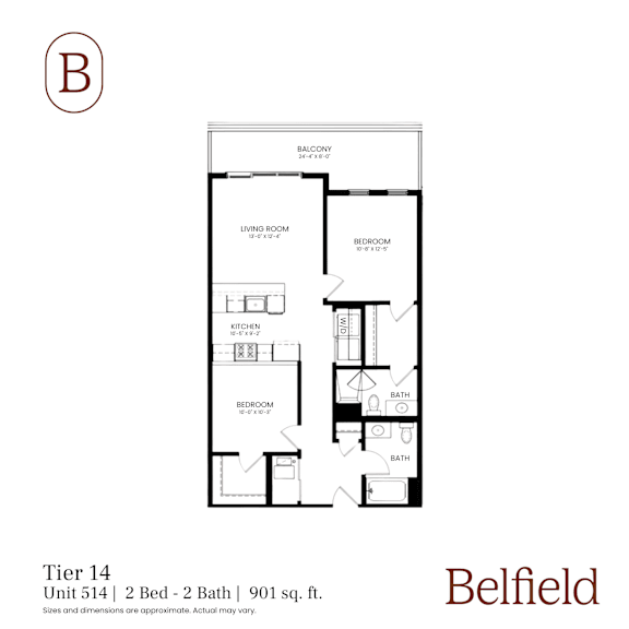 A black and white image of a floor plan for a 901 sq. ft. apartment with two bedrooms and two bathrooms.
