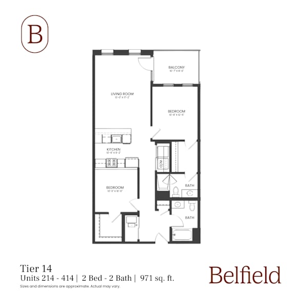 A black and white diagram of a two bedroom apartment.