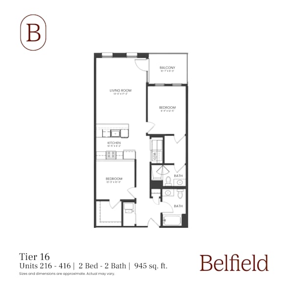 A black and white diagram of a floor plan for a 2 bedroom, 2 bathroom apartment.