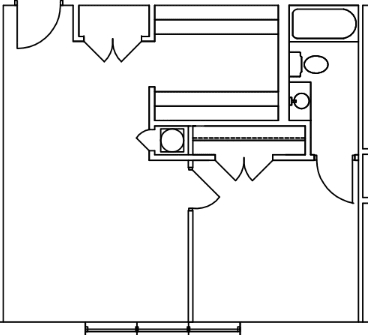 A line drawing of a room with a bed, a desk, and a chair.