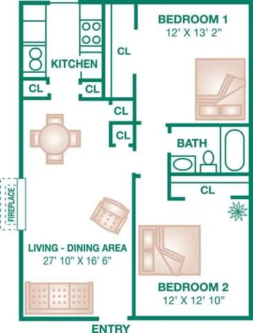 A floor plan of a small apartment with two bedrooms and a living/dining area.