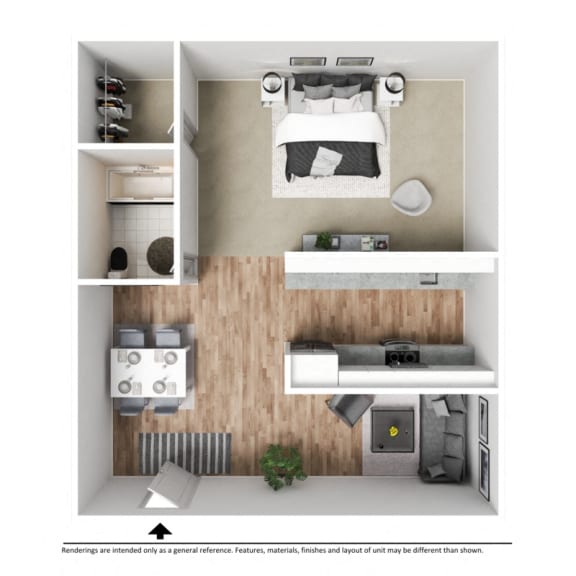 a 3d rendering of a bedroom with a wood floor