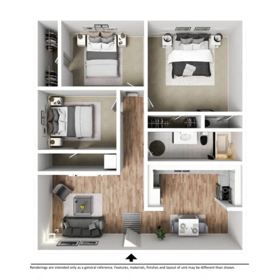 a 3d drawing of a bedroom with a wood floor