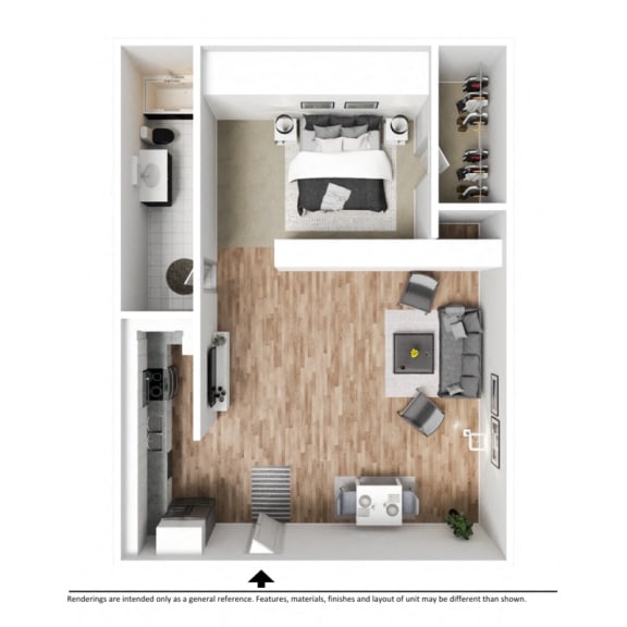 a 1 bedroom floor plan with a bedroom and a bathroom