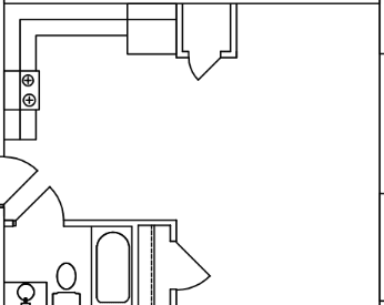A line drawing of a floor plan of a room with a kitchen area and a bathroom.
