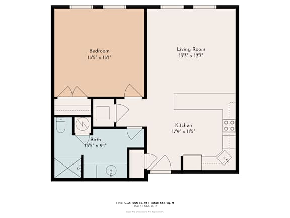 1 Bedroom 1 Bathroom Floor Plan at Roosevelt Commons Apartments, Philadelphia