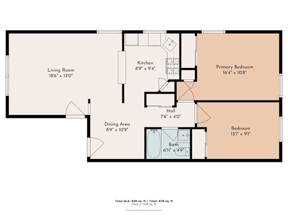 A floor plan of a house with a living room, kitchen, dining area, hall, primary bedroom, and bedroom.