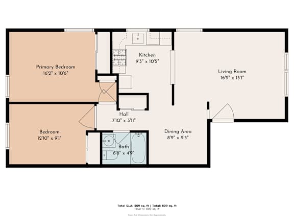 Floor Plan  A floor plan of a house with a kitchen, living room, dining area, and two bedrooms.
