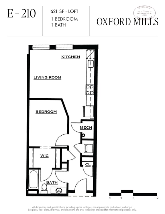 A floor plan for a 621 SF loft with one bedroom and one bath.