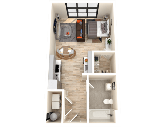 A furnished floor plan of a 1 bedroom apartment