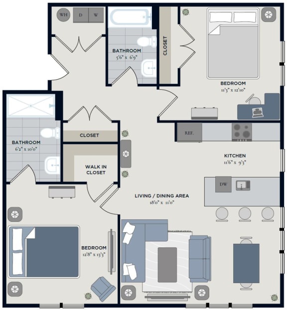 2 Bed Floor Plan at The Anchorage on Kelly, East Falls PA
