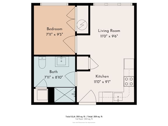 A floor plan of a small apartment with a bedroom, living room, kitchen, and bathroom.