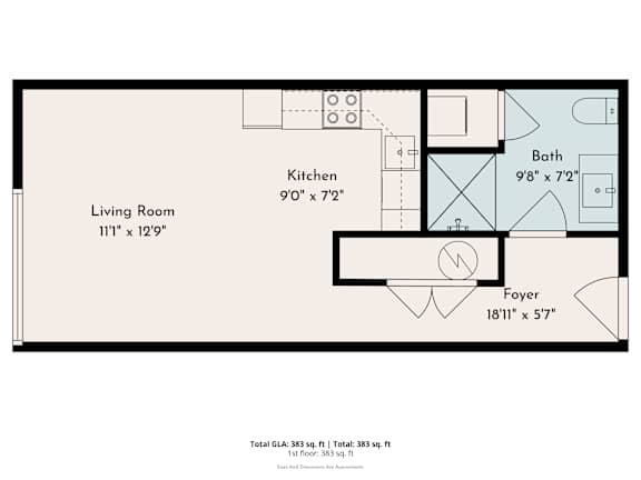 A floor plan of a living space with a living room, kitchen, bath, and foyer.