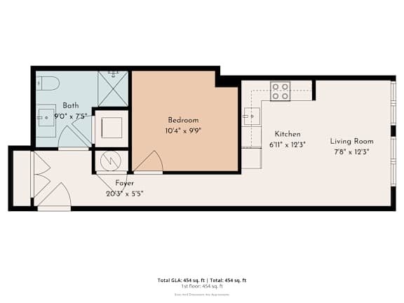A floor plan of a living space with a kitchen, living room, bedroom, bathroom, and foyer.