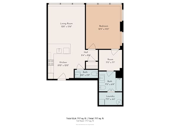 A floor plan of a small apartment with a living room, bedroom, kitchen, bathroom, and laundry room.