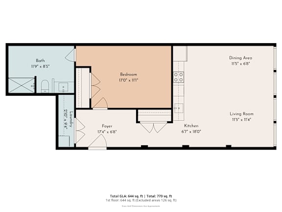 A floor plan of a small apartment with a living room, dining area, kitchen, bedroom, and bathroom.