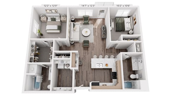 A floor plan of a two-bedroom apartment with dimensions.