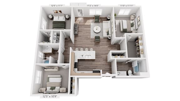 A detailed 3D floor plan of a small apartment layout.