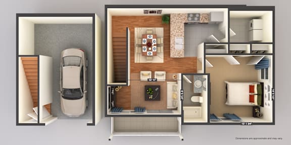 A 3D floor plan of a house with a car parked in the garage.