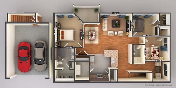 A floor plan of a house with a garage and a car.