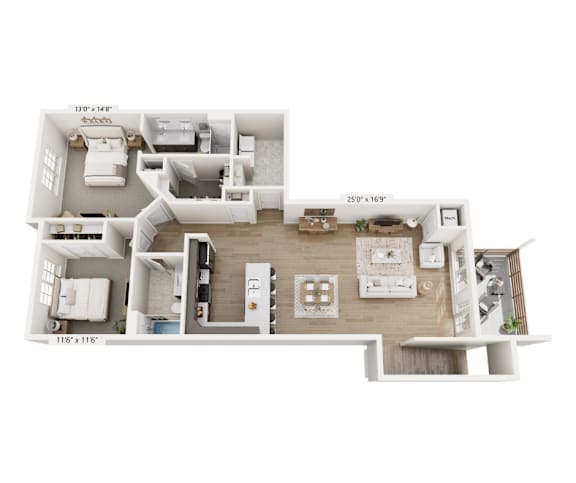 a stylized floor plan with a bedroom and a living room
