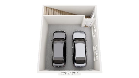 Two cars are parked in a parking space that is 20 feet 7 inches wide and 18 feet 11 inches long.