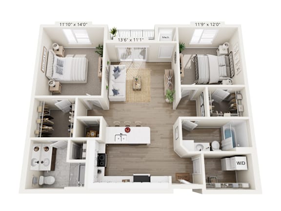 A floor plan of a two-bedroom apartment with a living room, kitchen, and bathroom.