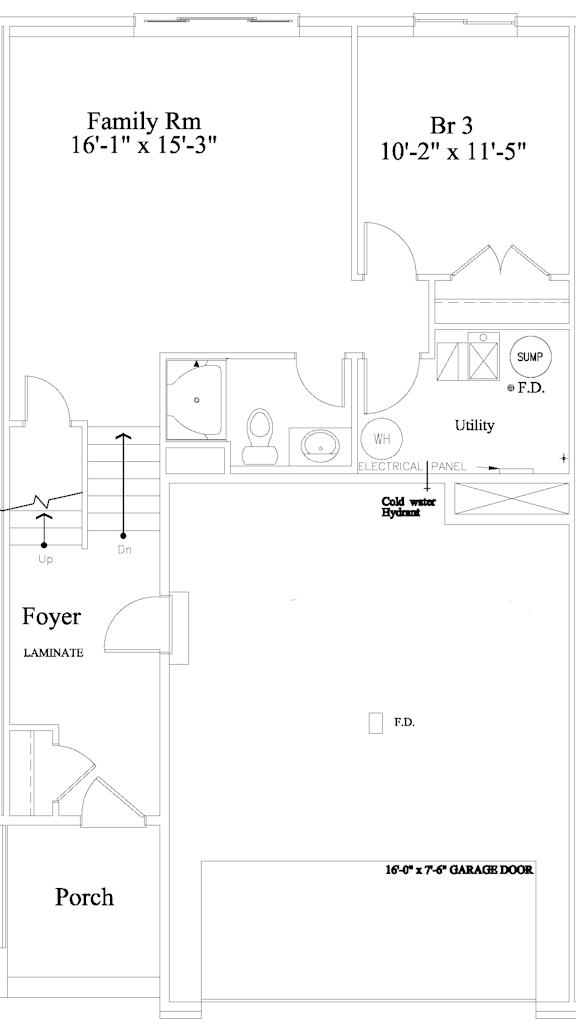 A drawing of a house floor plan with a garage and a porch.