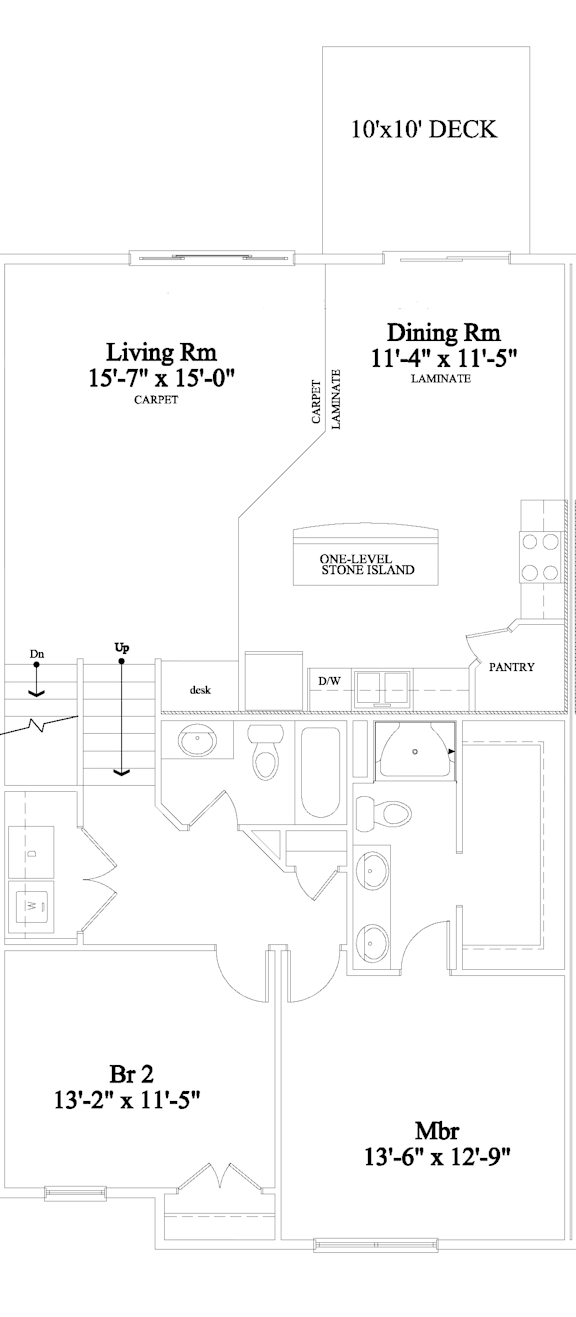 A floor plan of a 10x10 deck with a living room, dining room, kitchen, and bathrooms.