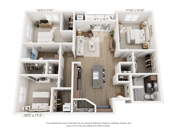A floor plan of an apartment with a living room, kitchen, and two bedrooms.