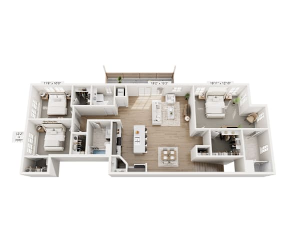Floor Plan  a stylized floor plan of a 3 bedroom apartment
