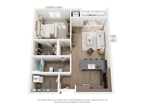 A floor plan of a small apartment with a kitchen, living room, and bathroom.