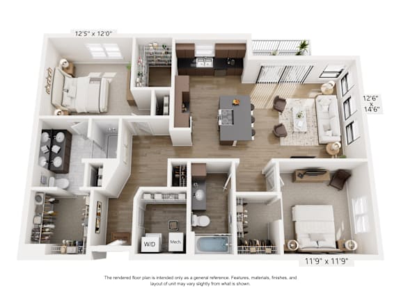 A floor plan of a two-bedroom apartment with a living room, kitchen, and bathrooms.
