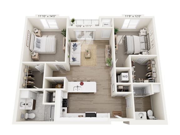 A floor plan of a two-bedroom apartment with a living room, kitchen, and bathroom.