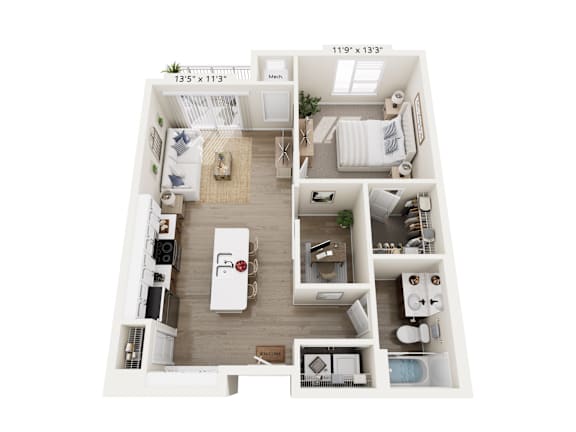 A floor plan of a small apartment with a kitchen, living room, and bathroom.