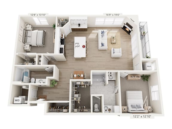 A floor plan of a small apartment with a kitchen, living room, and bathroom.
