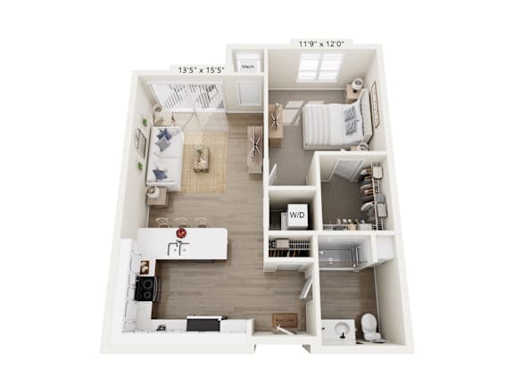 A floor plan of an apartment with a kitchen, living room, and bathroom.