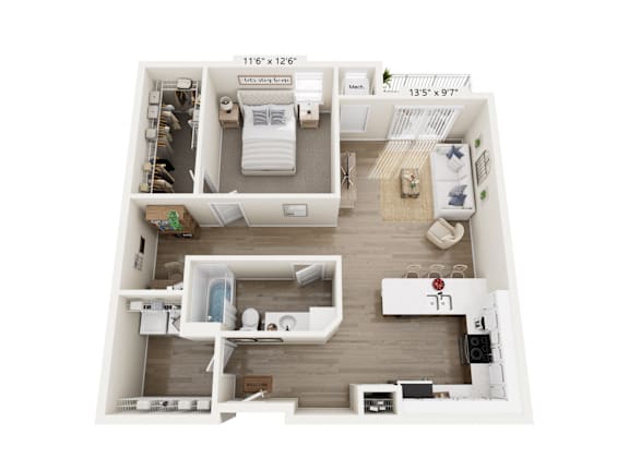 A floor plan of a small apartment with a kitchen, living room, and bathroom.