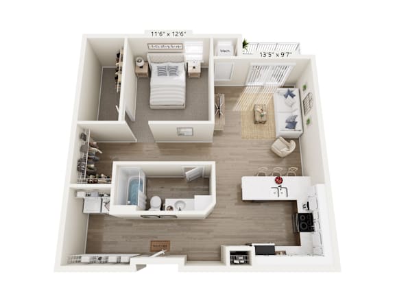 A floor plan of a small apartment with a bedroom, living room, and bathroom.