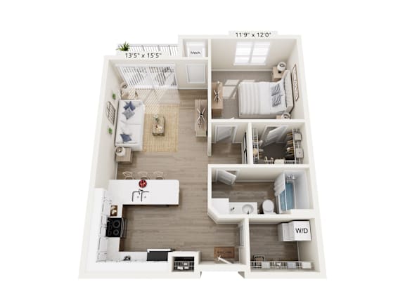 A floor plan of a small apartment with a kitchen, living room, and two bedrooms.