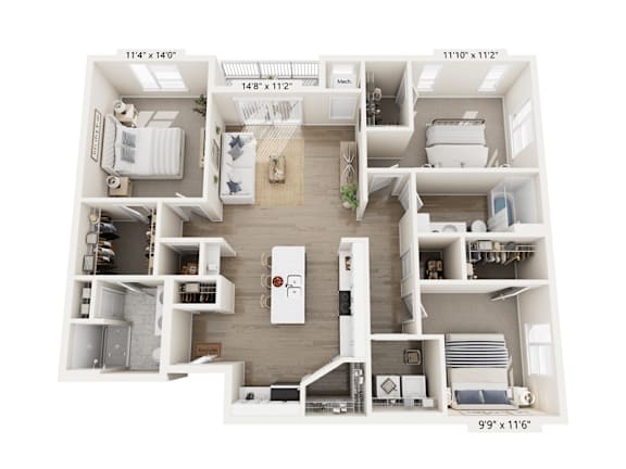 A floor plan of a two-bedroom apartment with a living room, kitchen, and bathroom.