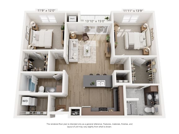 A floor plan of a two-bedroom apartment with a living room, kitchen, and bathrooms.