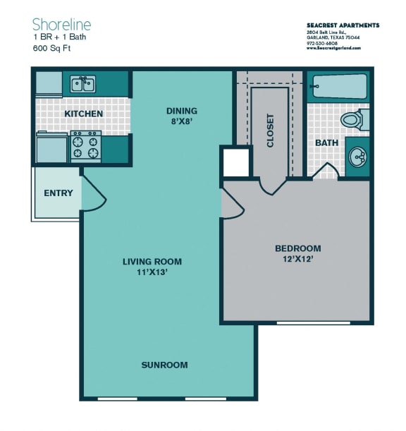 1 Bedroom A2 - 600sqft - SHORELINE at Seacrest Apartments, Garland, 75044