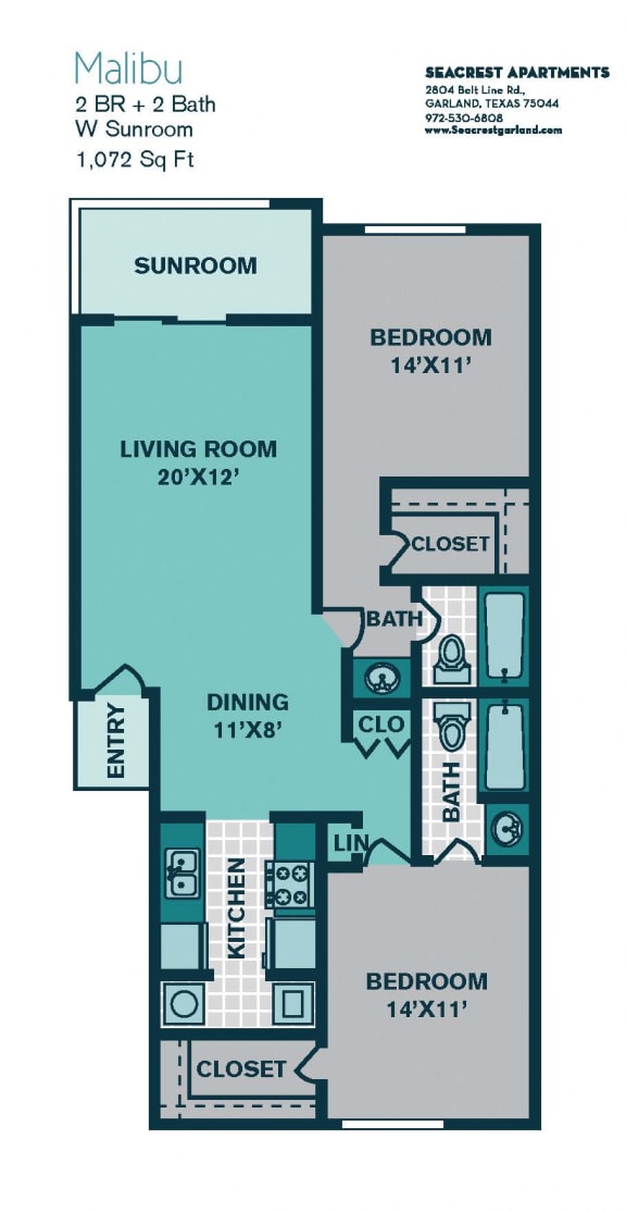 2 Bed 2 Bath B4 - 1072sqft - MALIBU at Seacrest Apartments, Garland, TX