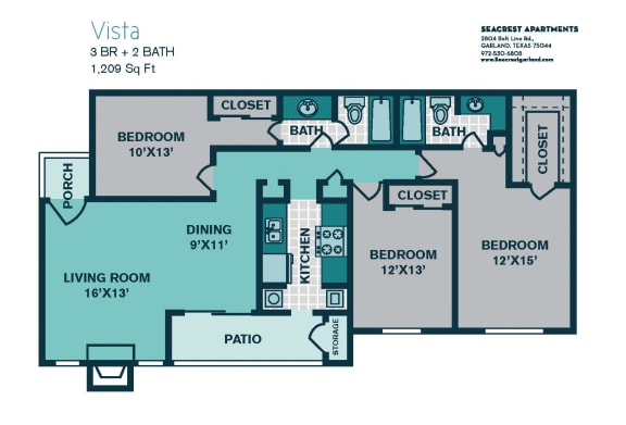 3 Bed 2 Bath C1 - 1209sqft - VISTA at Seacrest Apartments, Garland, Texas