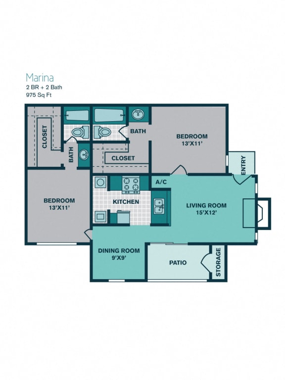 2 Bed 2 Bath B2 - 975sqft - MARINA at Seacrest Apartments, Texas, 75044