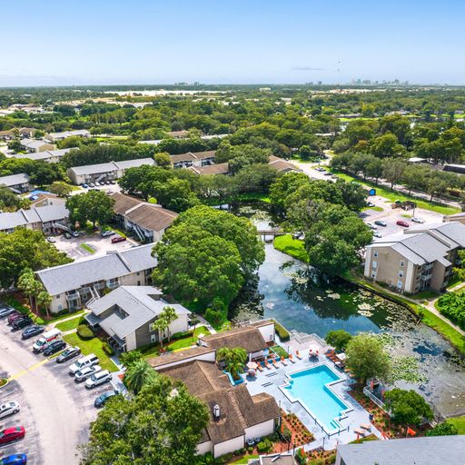 A bird's eye view of a residential area with a swimming pool and a river  at Village Springs in Orlando FL.