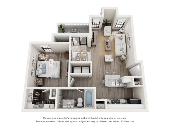Elm Floor Plan of a bedroom at Foxborough Apartments, Irving, TX, Texas, 75061