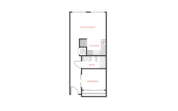 A floor plan of a small apartment with a living room, kitchen, bath, and bedroom.