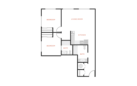 A floor plan of a home with a living room, two bedrooms, a kitchen, and two bathrooms.